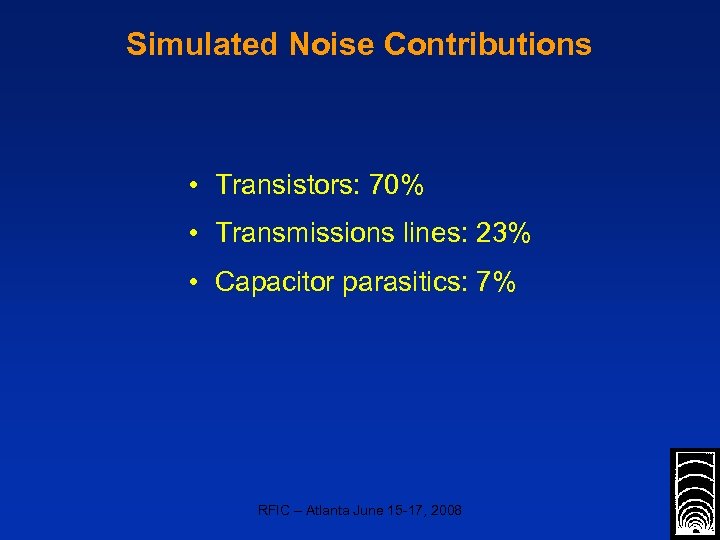 Simulated Noise Contributions • Transistors: 70% • Transmissions lines: 23% • Capacitor parasitics: 7%