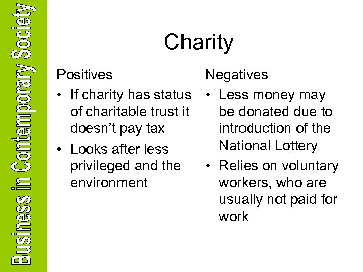 Charity Positives Negatives • If charity has status • Less money may of charitable