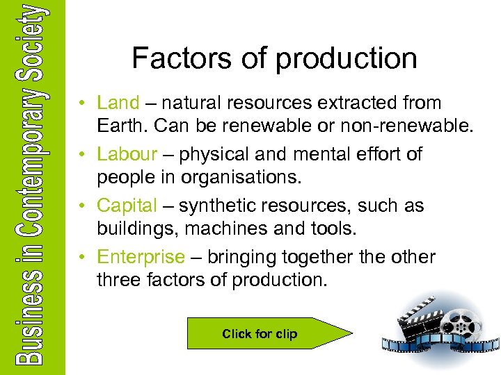 Factors of production • Land – natural resources extracted from Earth. Can be renewable