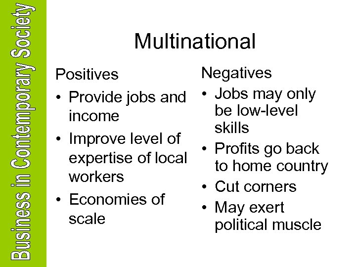 Multinational Positives • Provide jobs and income • Improve level of expertise of local
