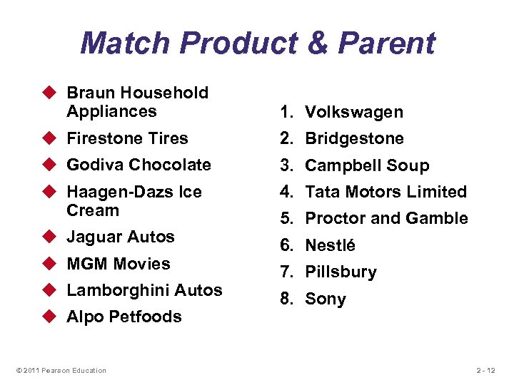 Match Product & Parent u Braun Household Appliances 1. Volkswagen u Firestone Tires 2.