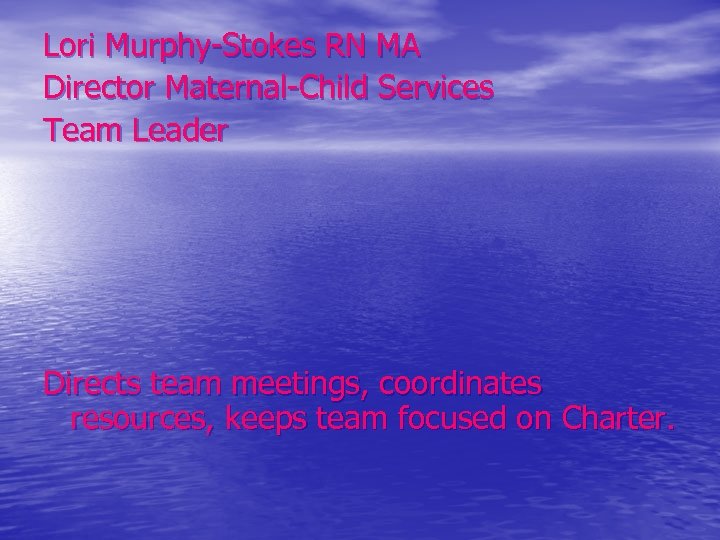 Lori Murphy-Stokes RN MA Director Maternal-Child Services Team Leader Directs team meetings, coordinates resources,