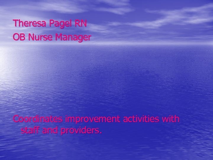Theresa Pagel RN OB Nurse Manager Coordinates improvement activities with staff and providers. 