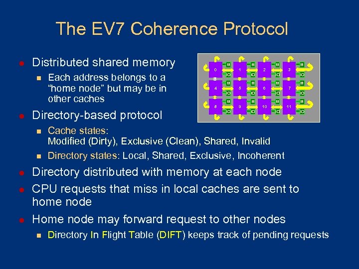 The EV 7 Coherence Protocol l Distributed shared memory n l Directory-based protocol n