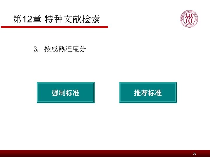 第 12章 特种文献检索 3. 按成熟程度分 强制标准 推荐标准 31 