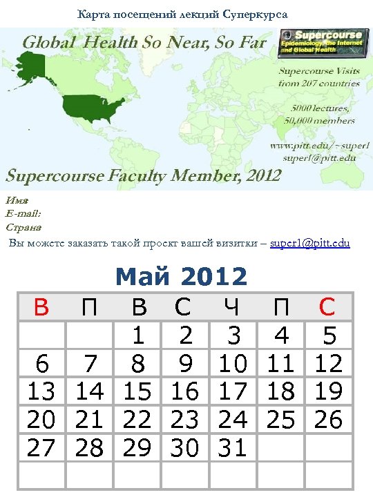 Карта посещений лекций Суперкурса Имя: E-mail: Страна: Вы можете заказать такой проект вашей визитки