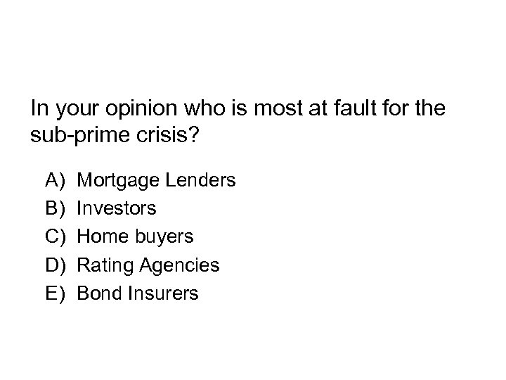 In your opinion who is most at fault for the sub-prime crisis? A) B)