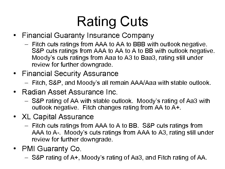Rating Cuts • Financial Guaranty Insurance Company – Fitch cuts ratings from AAA to