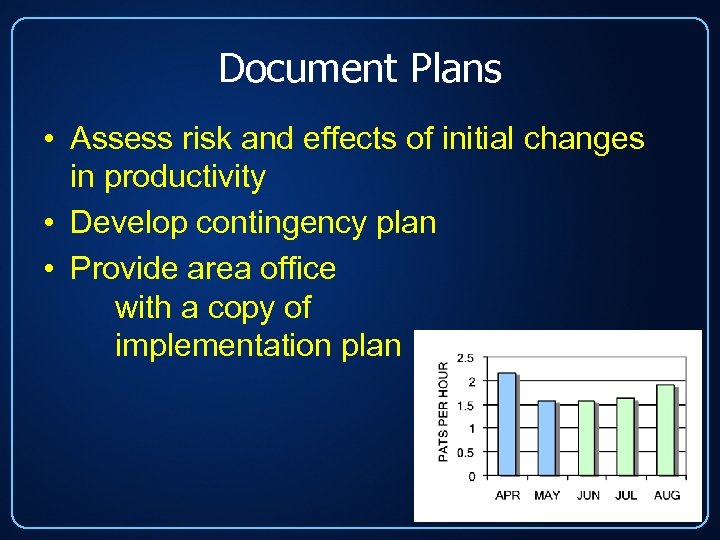 Document Plans • Assess risk and effects of initial changes in productivity • Develop