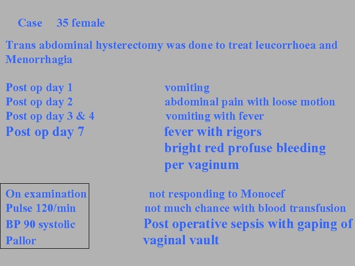 Case 35 female Trans abdominal hysterectomy was done to treat leucorrhoea and Menorrhagia Post