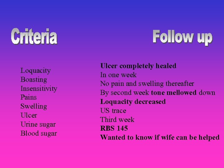 Loquacity Boasting Insensitivity Pains Swelling Ulcer Urine sugar Blood sugar Ulcer completely healed In