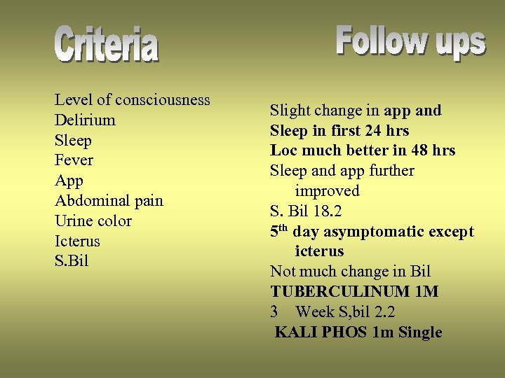 Level of consciousness Delirium Sleep Fever App Abdominal pain Urine color Icterus S. Bil