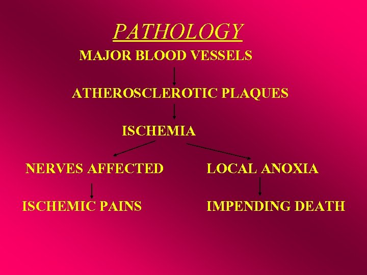 PATHOLOGY MAJOR BLOOD VESSELS ATHEROSCLEROTIC PLAQUES ISCHEMIA NERVES AFFECTED LOCAL ANOXIA ISCHEMIC PAINS IMPENDING