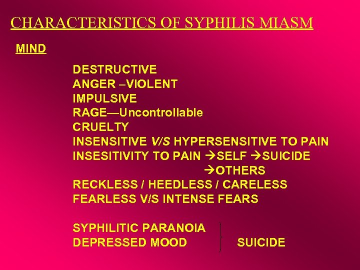 CHARACTERISTICS OF SYPHILIS MIASM MIND DESTRUCTIVE ANGER –VIOLENT IMPULSIVE RAGE—Uncontrollable CRUELTY INSENSITIVE V/S HYPERSENSITIVE