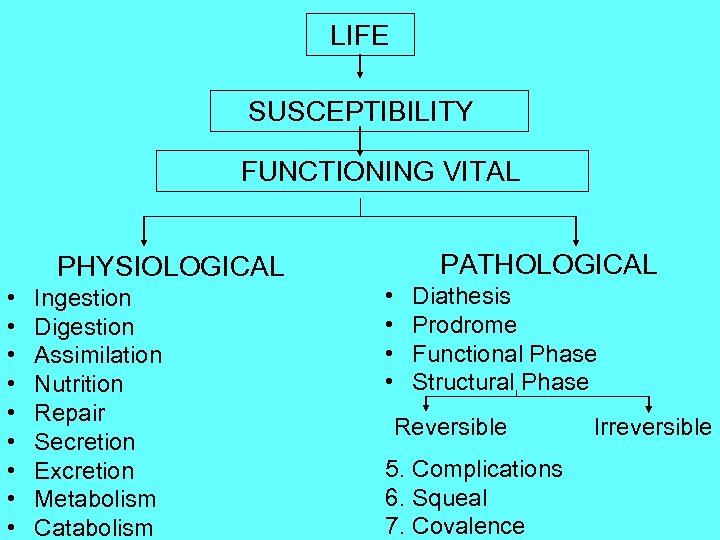 LIFE SUSCEPTIBILITY FUNCTIONING VITAL PHYSIOLOGICAL • • • Ingestion Digestion Assimilation Nutrition Repair Secretion