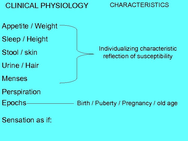 CLINICAL PHYSIOLOGY CHARACTERISTICS Appetite / Weight Sleep / Height Stool / skin Individualizing characteristic
