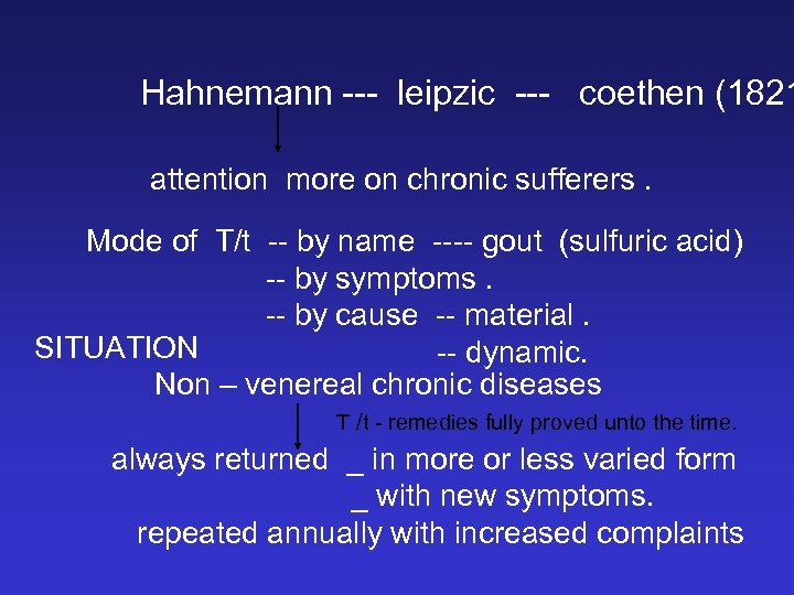 Hahnemann --- leipzic --- coethen (1821 attention more on chronic sufferers. Mode of T/t