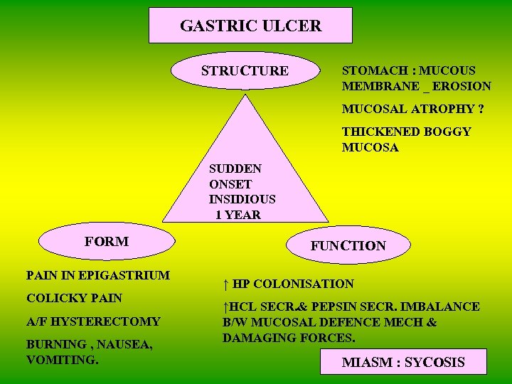 GASTRIC ULCER STRUCTURE STOMACH : MUCOUS MEMBRANE _ EROSION MUCOSAL ATROPHY ? THICKENED BOGGY