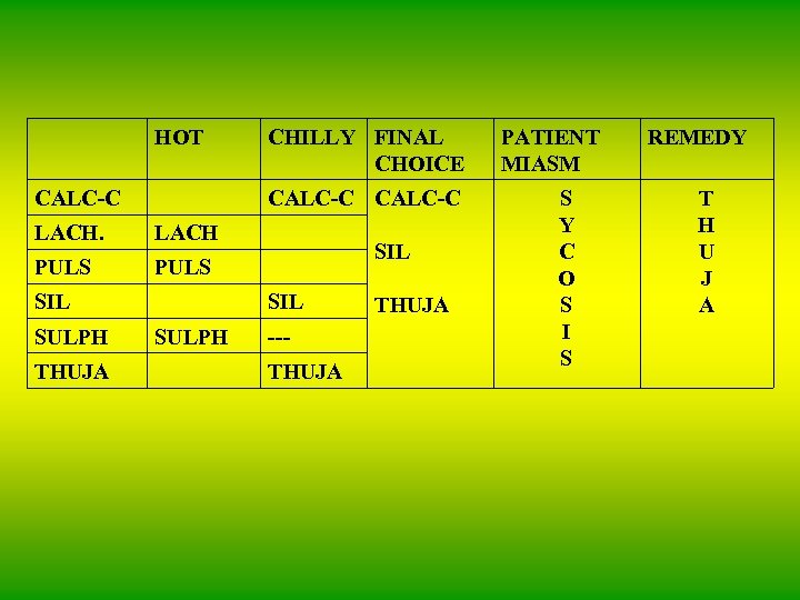 HOT CALC-C CHILLY FINAL CHOICE CALC-C LACH PULS SIL SULPH THUJA SIL SULPH --THUJA