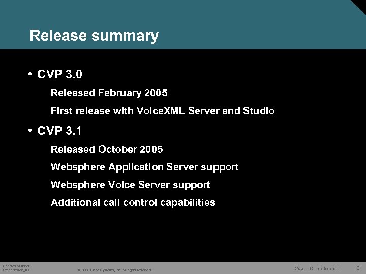 Release summary • CVP 3. 0 Released February 2005 First release with Voice. XML