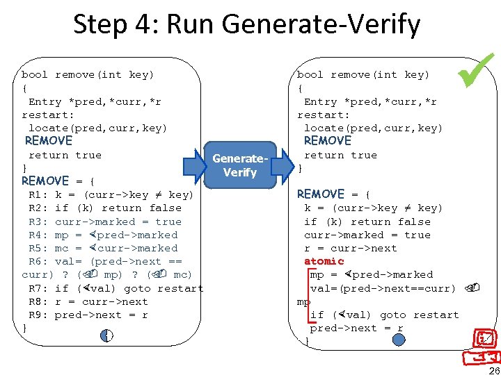Step 4: Run Generate-Verify bool remove(int key) { Entry *pred, *curr, *r restart: locate(pred,