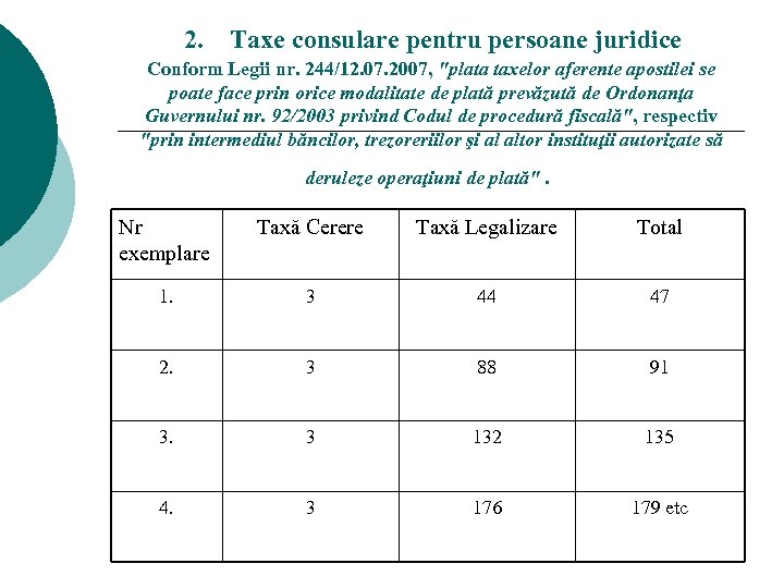  2. Taxe consulare pentru persoane juridice Conform Legii nr. 244/12. 07. 2007, 