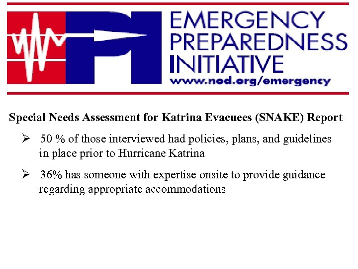 Special Needs Assessment for Katrina Evacuees (SNAKE) Report Ø 50 % of those interviewed