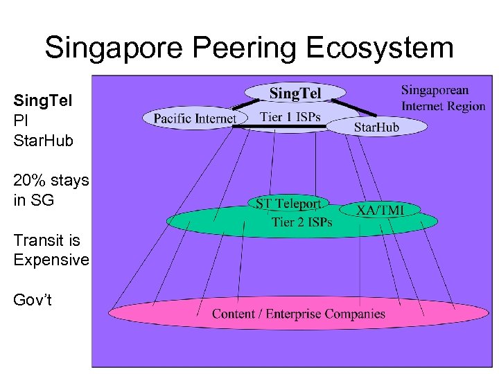 Singapore Peering Ecosystem Sing. Tel PI Star. Hub 20% stays in SG Transit is