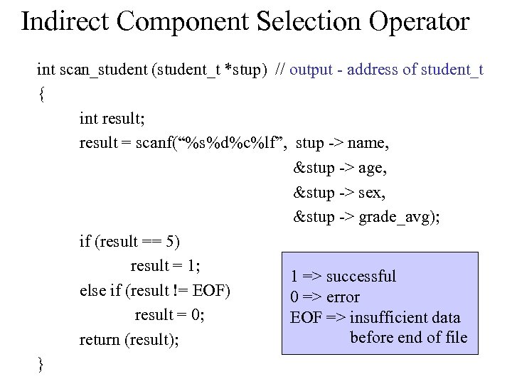 Indirect Component Selection Operator int scan_student (student_t *stup) // output - address of student_t