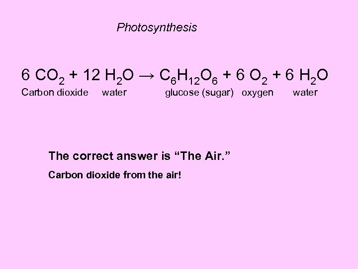 Photosynthesis 6 CO 2 + 12 H 2 O → C 6 H 12