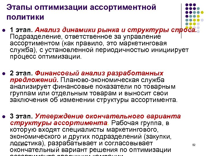 Этапы оптимизации ассортиментной политики l 1 этап. Анализ динамики рынка и структуры спроса. Подразделение,