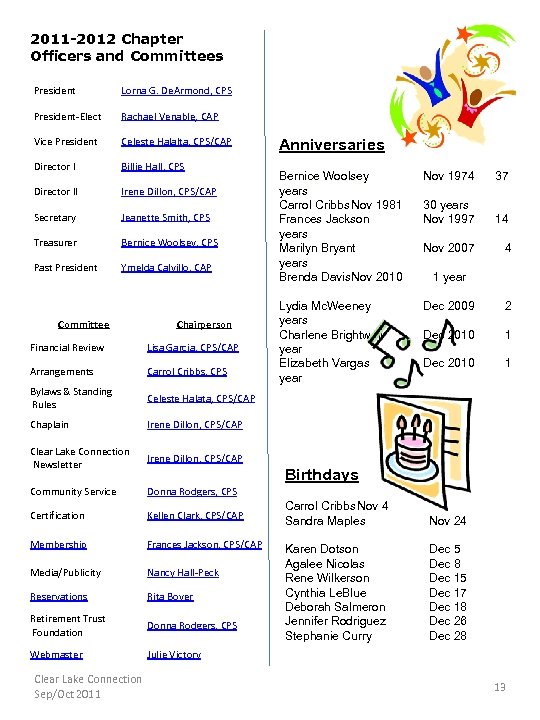 2011 -2012 Chapter Officers and Committees President Lorna G. De. Armond, CPS President-Elect Rachael