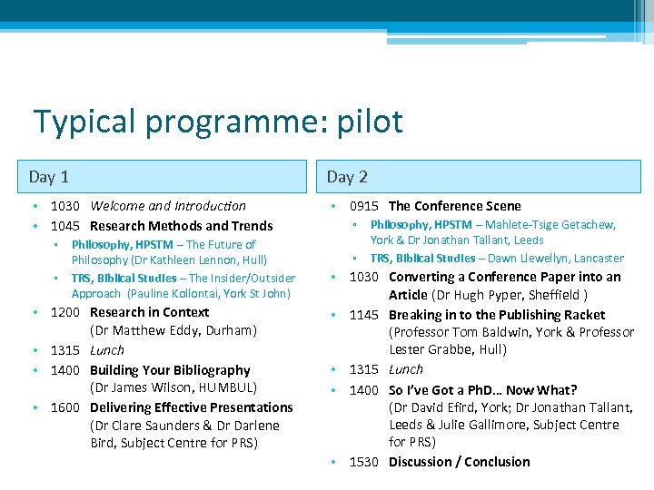 Typical programme: pilot Day 1 • 1030 Welcome and Introduction • 1045 Research Methods