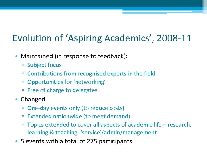 Evolution of ‘Aspiring Academics’, 2008 -11 • Maintained (in response to feedback): ▫ ▫