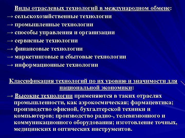 Виды отраслевых технологий в международном обмене: → сельскохозяйственные технологии → промышленные технологии → способы