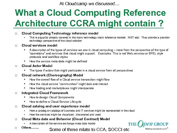 At Cloudcamp we discussed… What a Cloud Computing Reference Architecture CCRA might contain ?