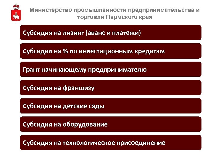 Министерство промышленности предпринимательства и торговли Пермского края Субсидия на лизинг (аванс и платежи) Субсидия