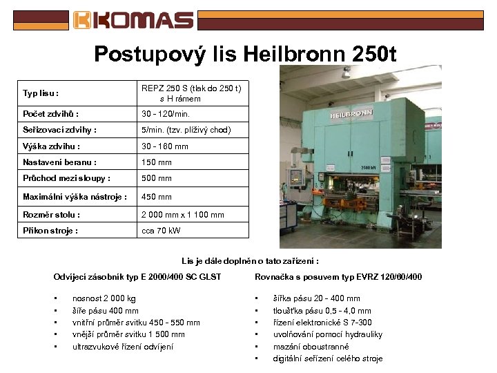 Postupový lis Heilbronn 250 t Typ lisu : REPZ 250 S (tlak do 250