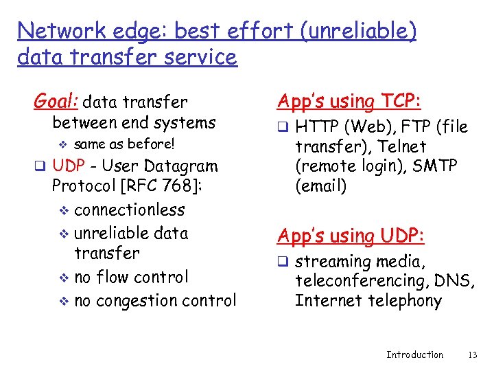 Network edge: best effort (unreliable) data transfer service Goal: data transfer between end systems