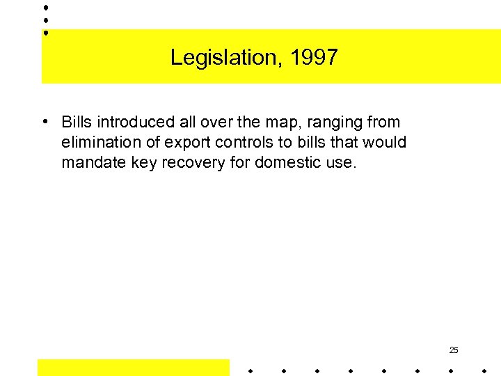 Legislation, 1997 • Bills introduced all over the map, ranging from elimination of export