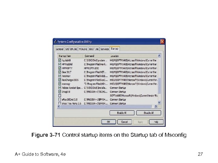 Figure 3 -71 Control startup items on the Startup tab of Msconfig A+ Guide