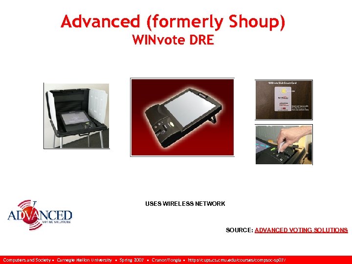 Advanced (formerly Shoup) WINvote DRE USES WIRELESS NETWORK SOURCE: ADVANCED VOTING SOLUTIONS Computers and