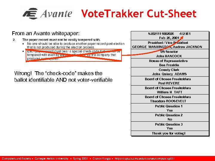 Vote. Trakker Cut-Sheet From an Avante whitepaper: Wrong! The “check-code” makes the ballot identifiable