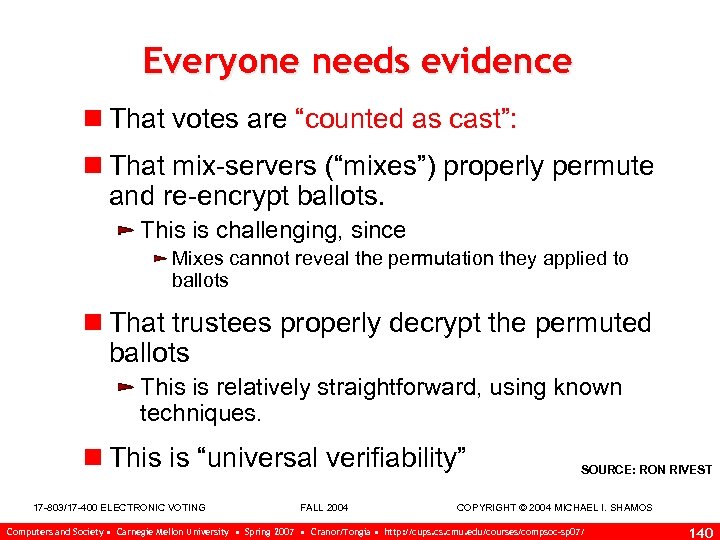 Everyone needs evidence n That votes are “counted as cast”: n That mix-servers (“mixes”)