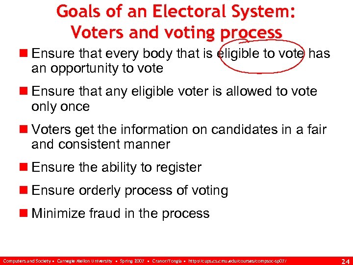 Goals of an Electoral System: Voters and voting process n Ensure that every body