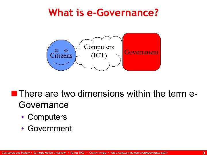 What is e-Governance? Citizens Computers (ICT) Government n There are two dimensions within the