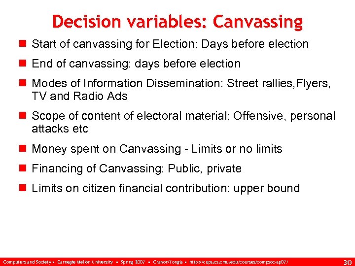 Decision variables: Canvassing n Start of canvassing for Election: Days before election n End