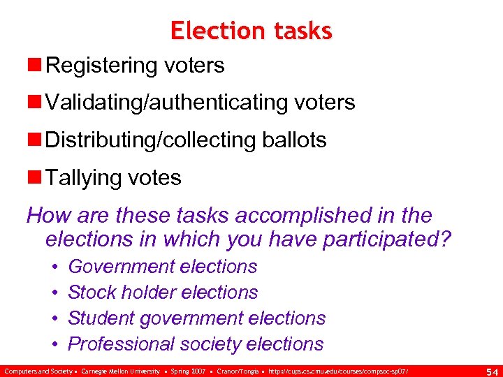 Election tasks n Registering voters n Validating/authenticating voters n Distributing/collecting ballots n Tallying votes