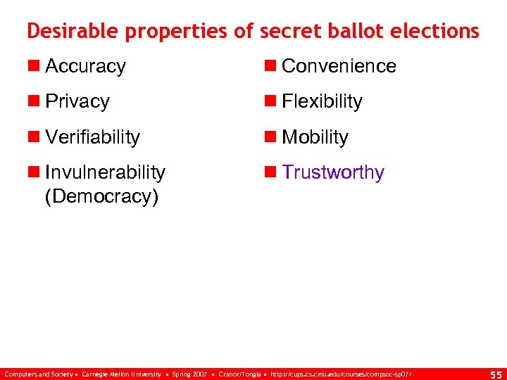 Desirable properties of secret ballot elections n Accuracy n Convenience n Privacy n Flexibility