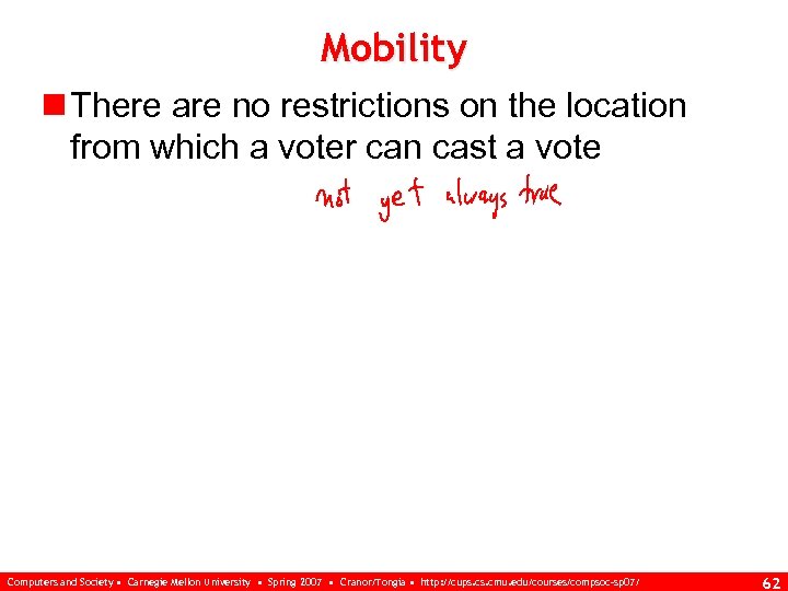 Mobility n There are no restrictions on the location from which a voter can